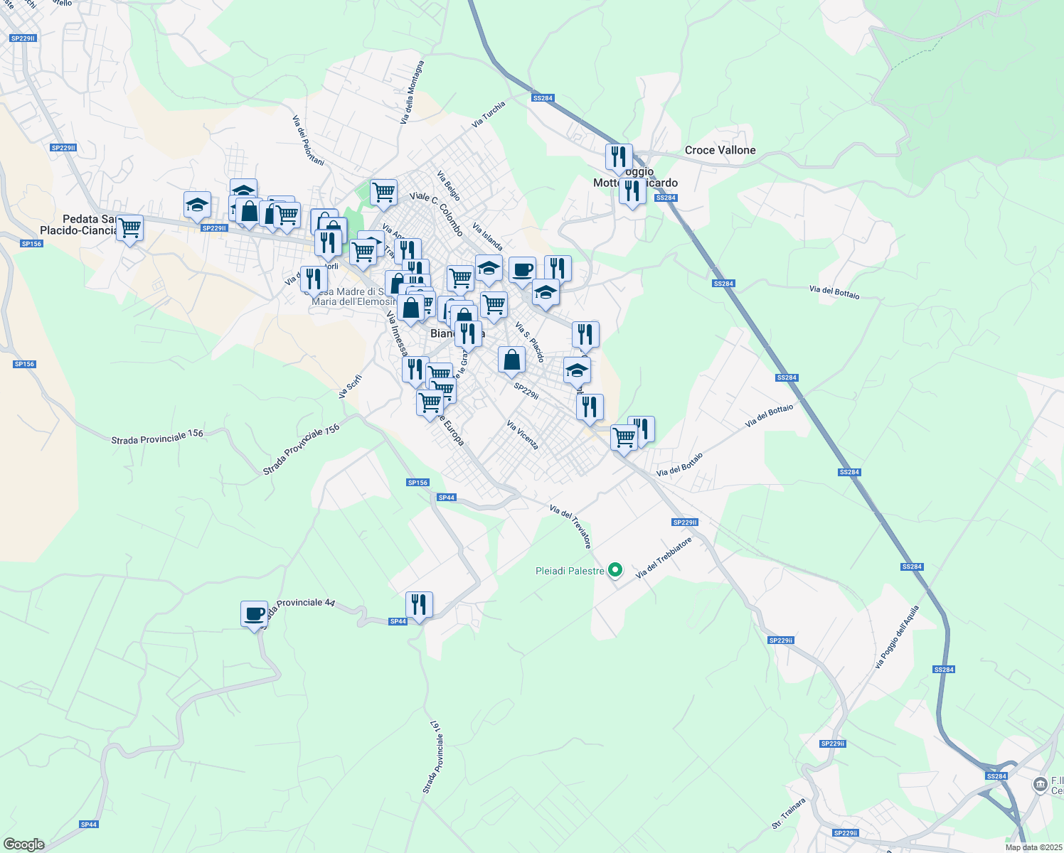 map of restaurants, bars, coffee shops, grocery stores, and more near 15 Via Avellino in Biancavilla