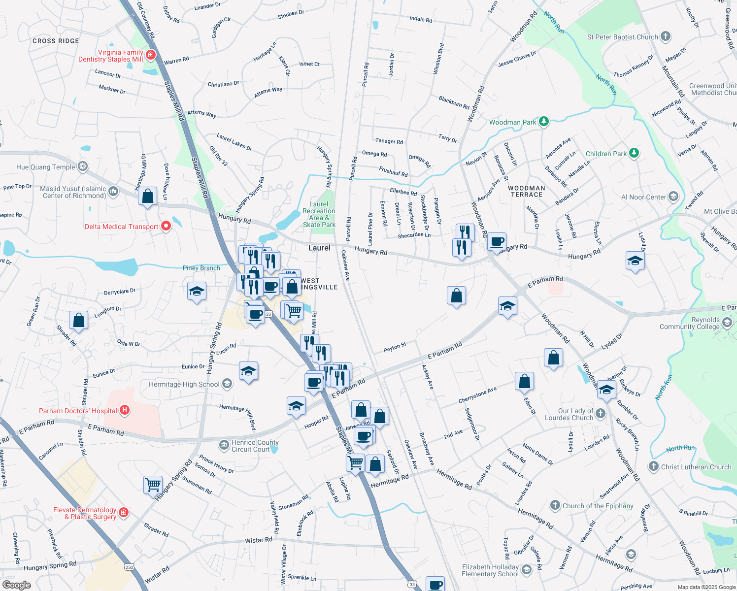 map of restaurants, bars, coffee shops, grocery stores, and more near 9109 Oakview Avenue in Richmond