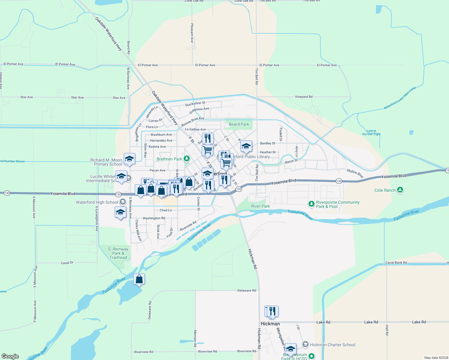 map of restaurants, bars, coffee shops, grocery stores, and more near 12705 Welch Street in Waterford