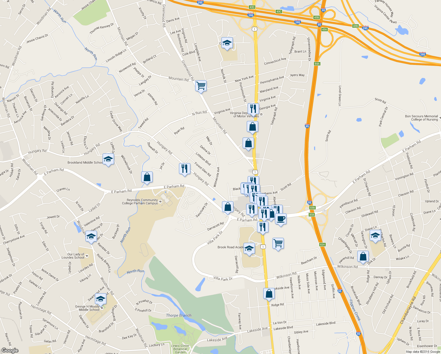 map of restaurants, bars, coffee shops, grocery stores, and more near 9103 Wilmecote Avenue in Henrico