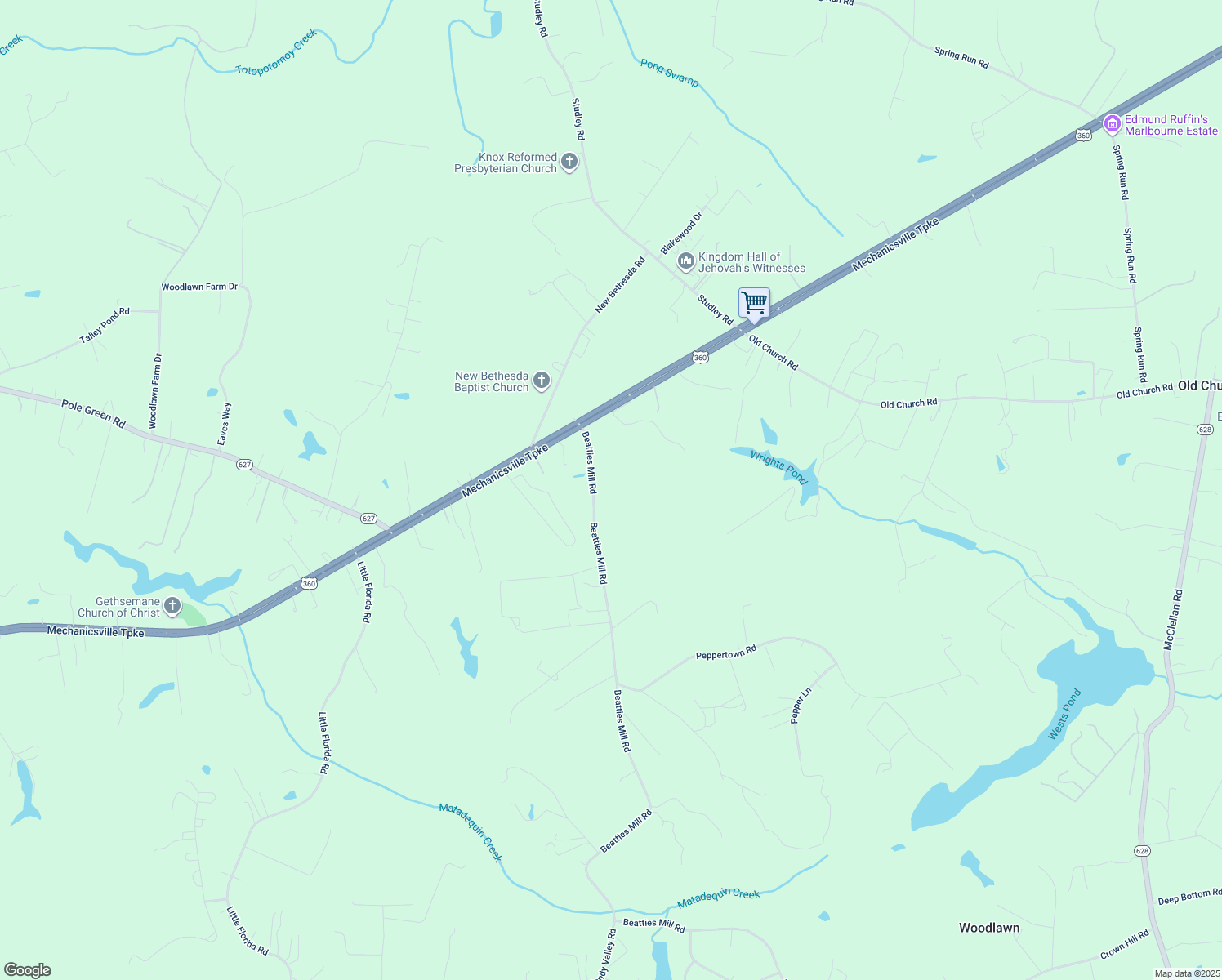 map of restaurants, bars, coffee shops, grocery stores, and more near 8702 Beatties Mill Road in Mechanicsville