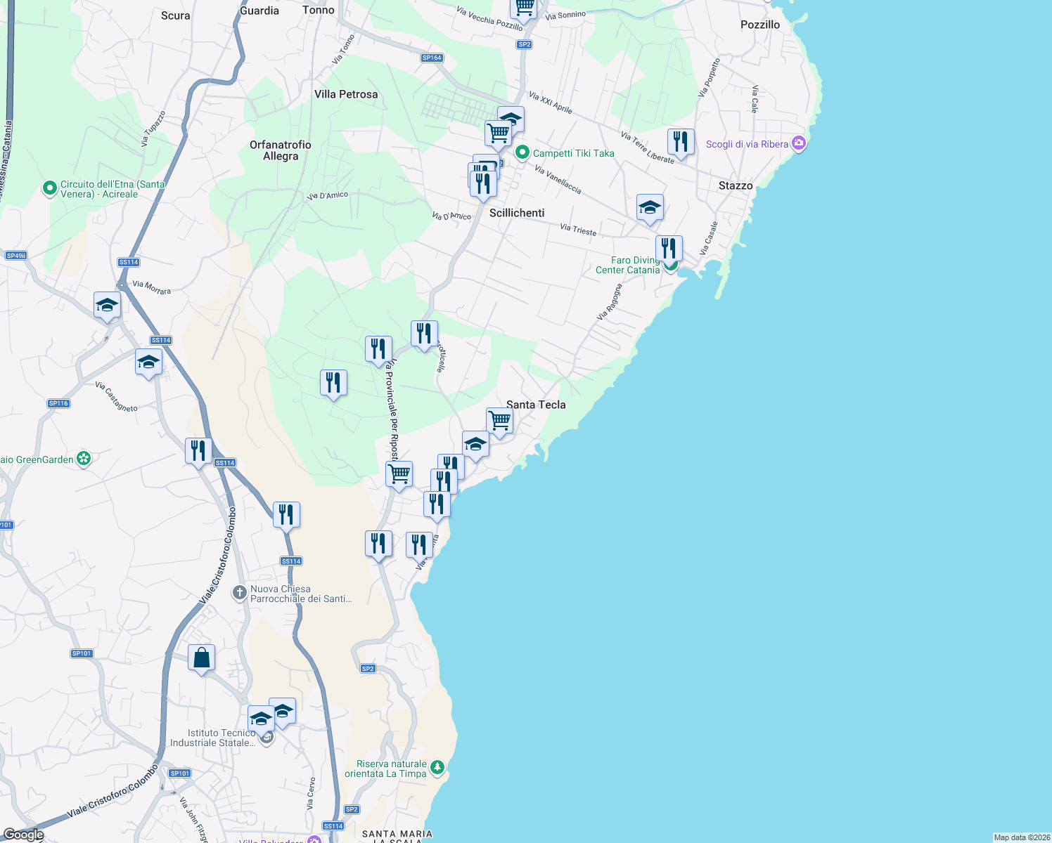 map of restaurants, bars, coffee shops, grocery stores, and more near 313 Via Canale Torto in Acireale