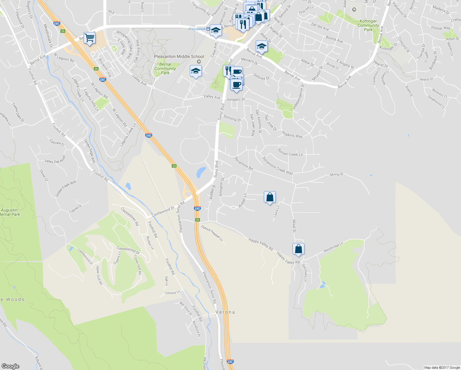 map of restaurants, bars, coffee shops, grocery stores, and more near 6580 Lansing Court in Pleasanton