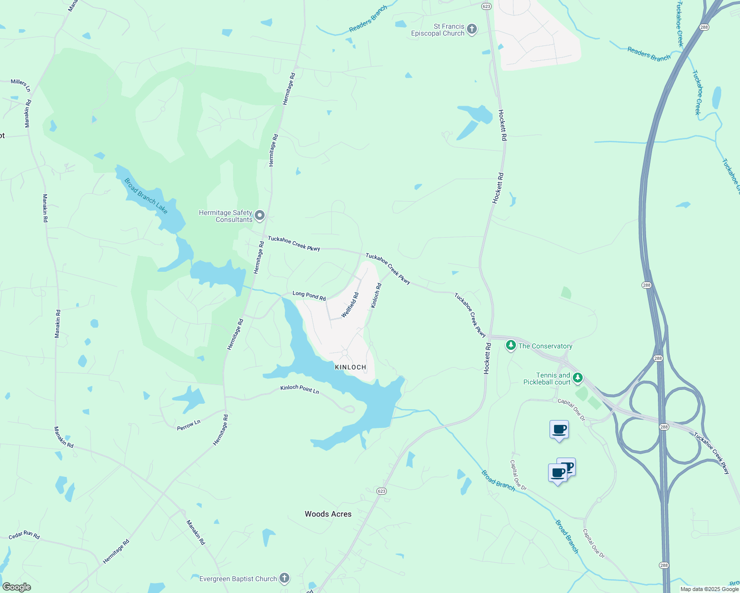 map of restaurants, bars, coffee shops, grocery stores, and more near 221 Kinloch Road in Manakin-Sabot