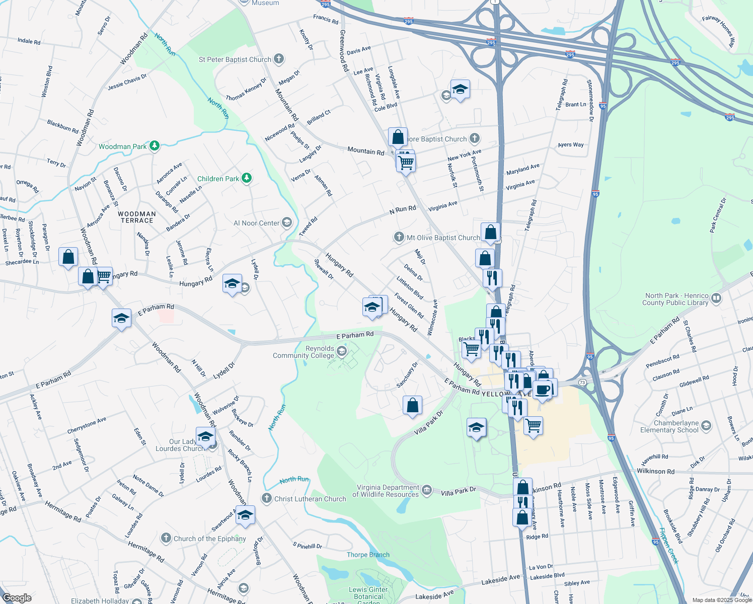 map of restaurants, bars, coffee shops, grocery stores, and more near 1637 Hungary Rd in Richmond