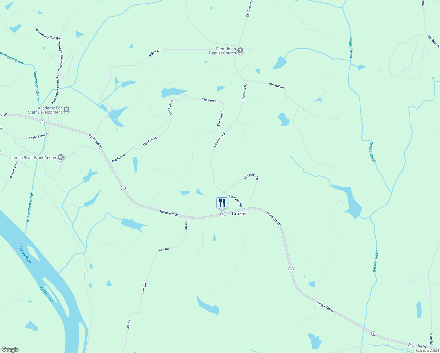 map of restaurants, bars, coffee shops, grocery stores, and more near 1235 Cardwell Road in Crozier