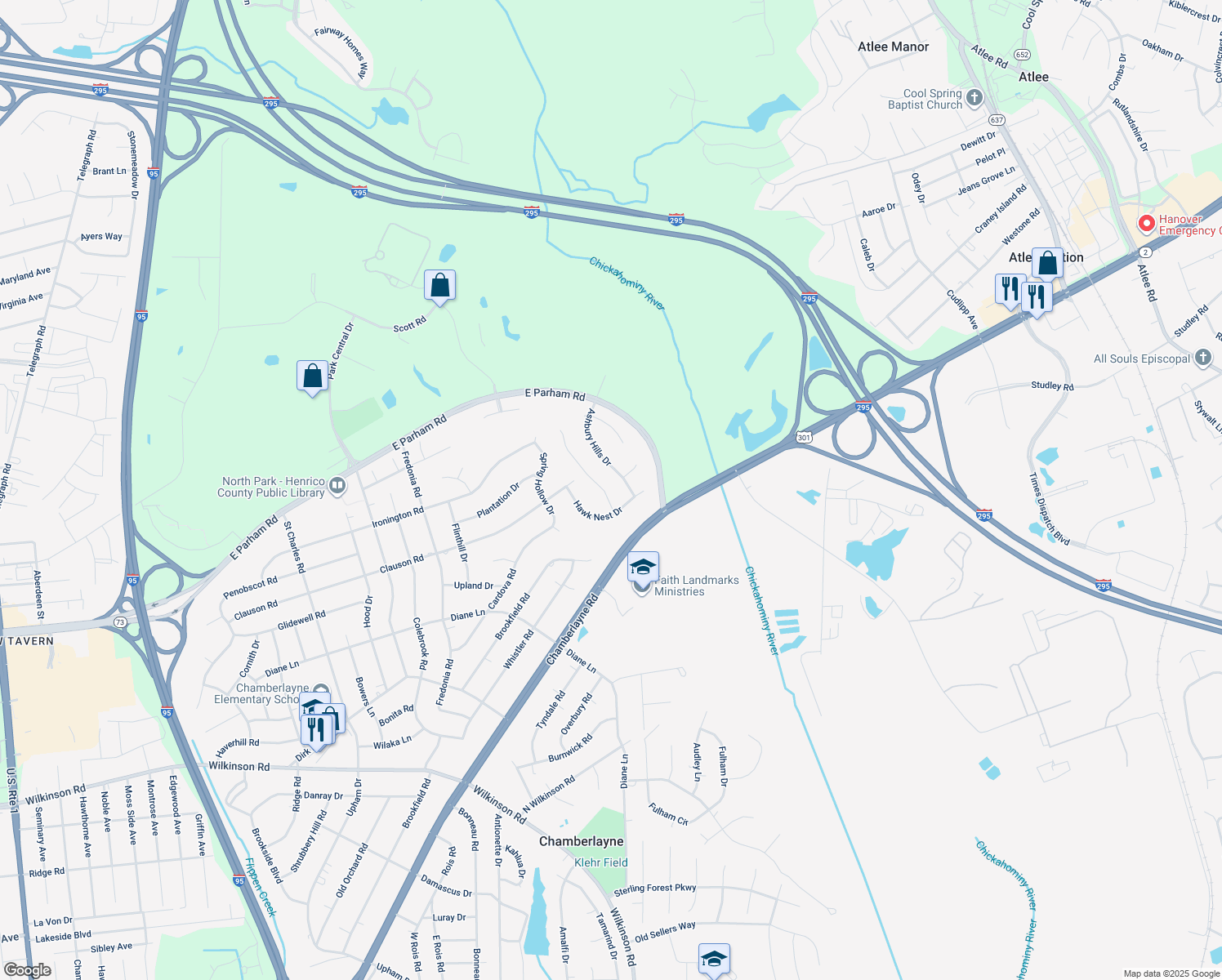 map of restaurants, bars, coffee shops, grocery stores, and more near 116 Hawk Nest Court in Richmond