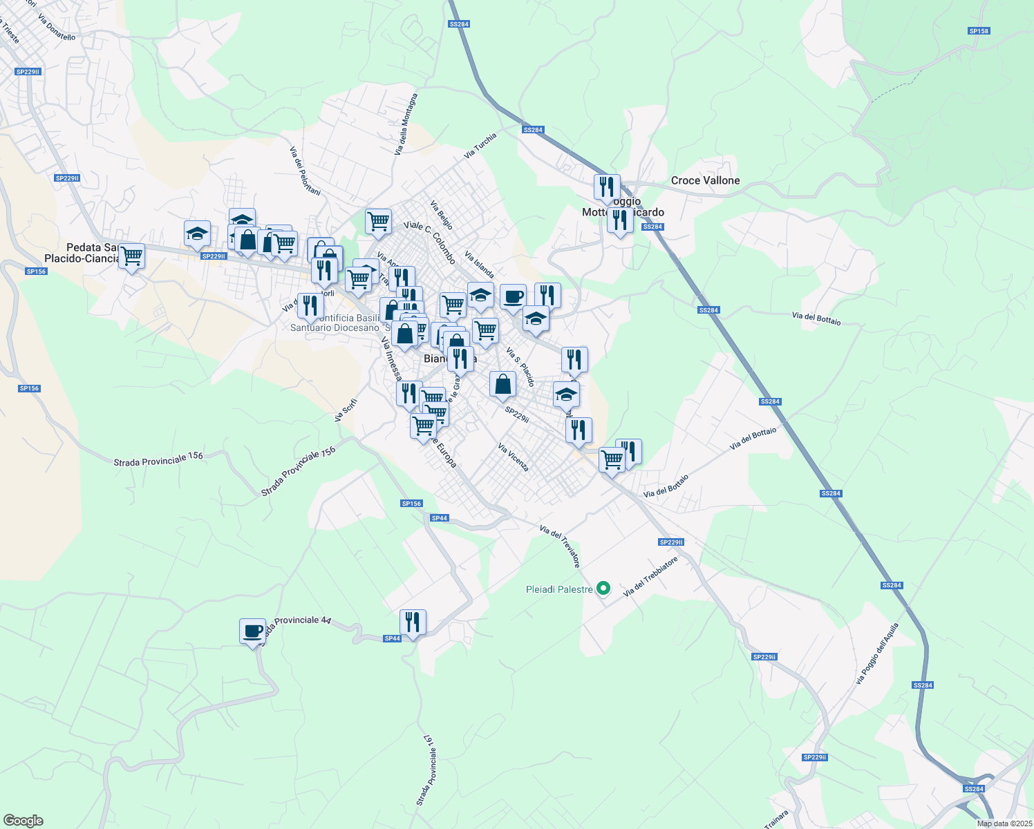 map of restaurants, bars, coffee shops, grocery stores, and more near in Biancavilla