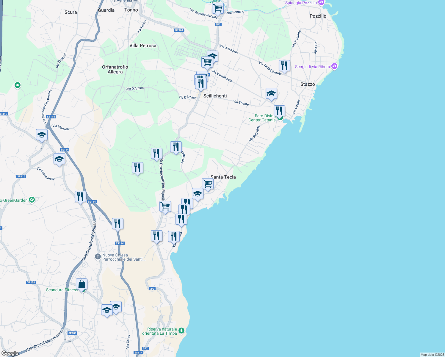 map of restaurants, bars, coffee shops, grocery stores, and more near 313 Via Canale Torto in Acireale