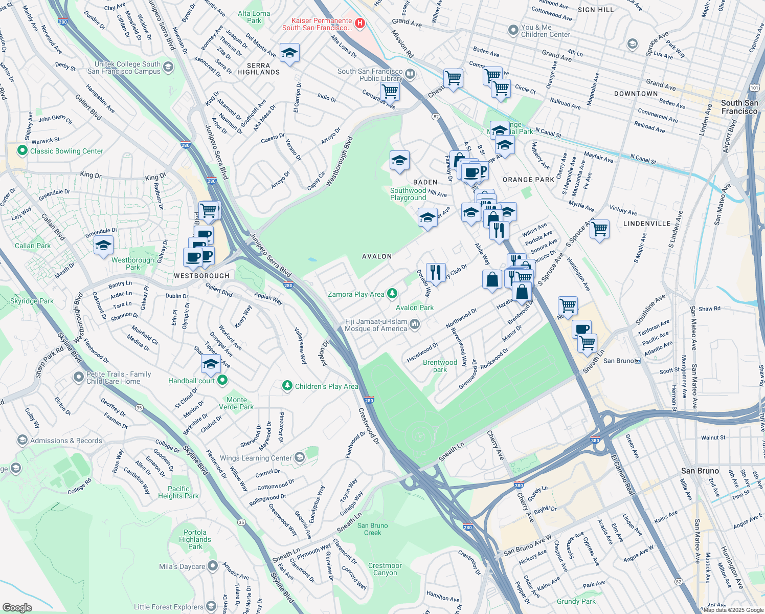 map of restaurants, bars, coffee shops, grocery stores, and more near 412 Alhambra Road in South San Francisco