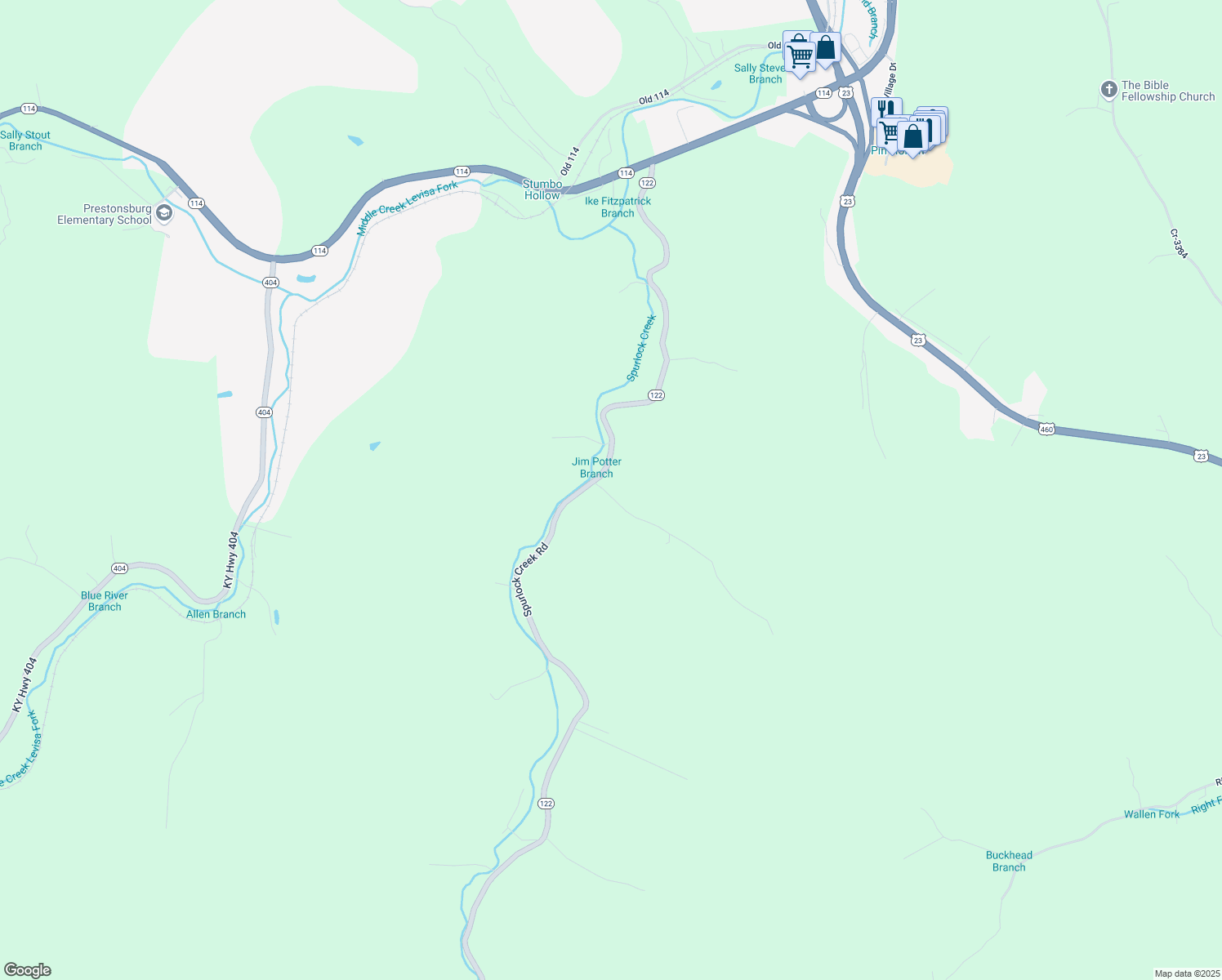 map of restaurants, bars, coffee shops, grocery stores, and more near 606 Jim Potter Branch in Prestonsburg