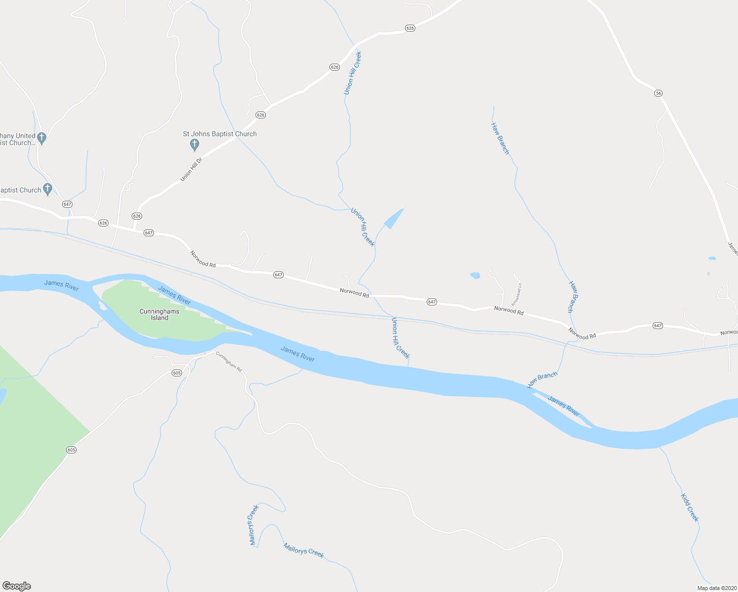 map of restaurants, bars, coffee shops, grocery stores, and more near 11245 Norwood Road in Wingina