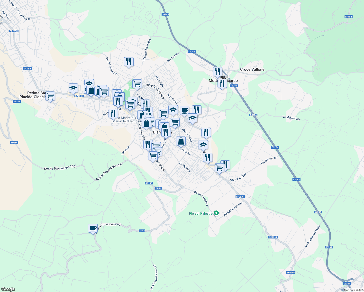 map of restaurants, bars, coffee shops, grocery stores, and more near 5 Via Brancato in Biancavilla