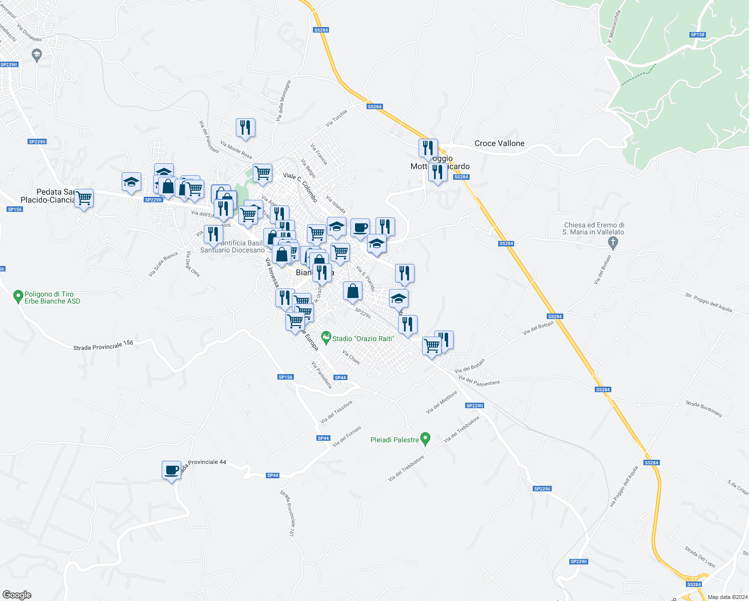 map of restaurants, bars, coffee shops, grocery stores, and more near 130 Via Poggio Rosso in Biancavilla