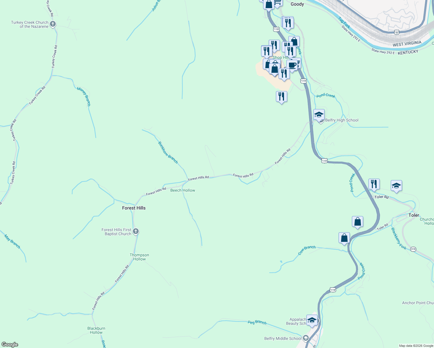 map of restaurants, bars, coffee shops, grocery stores, and more near 972 Forest Hills Road in Pike