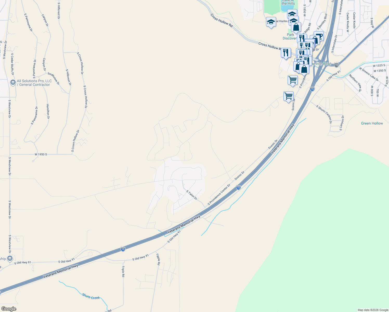 map of restaurants, bars, coffee shops, grocery stores, and more near 2766 West Eagle Ridge Loop in Cedar City