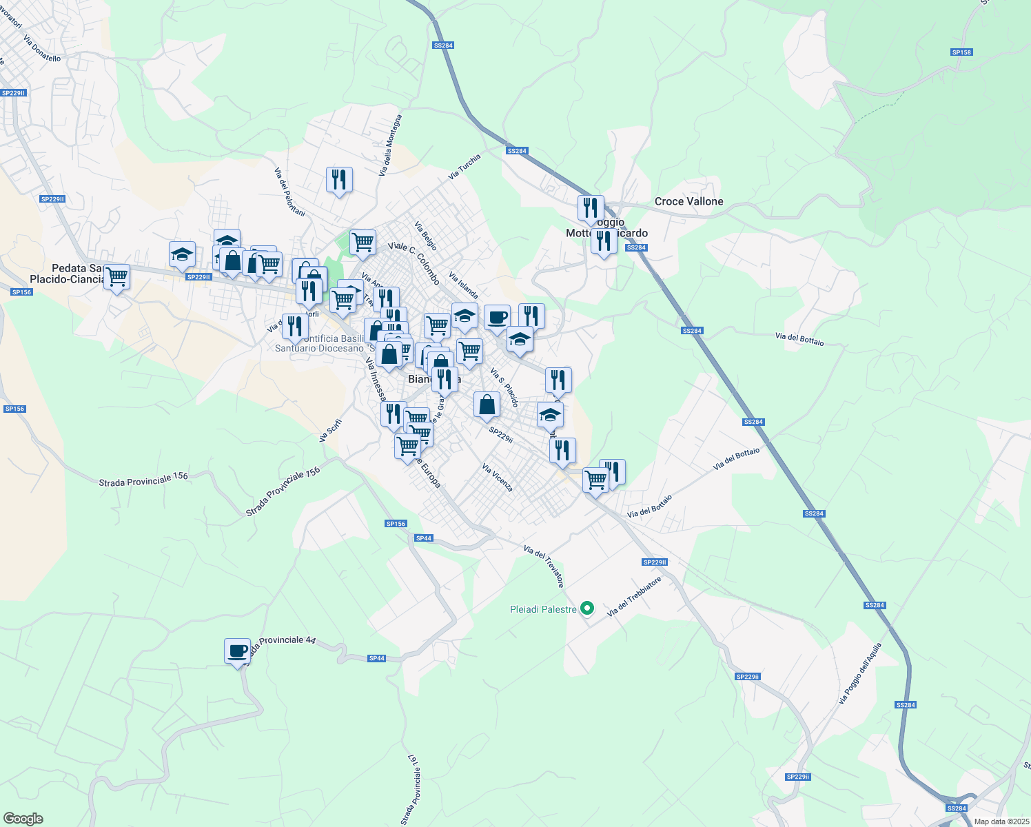 map of restaurants, bars, coffee shops, grocery stores, and more near 130 Via Poggio Rosso in Biancavilla