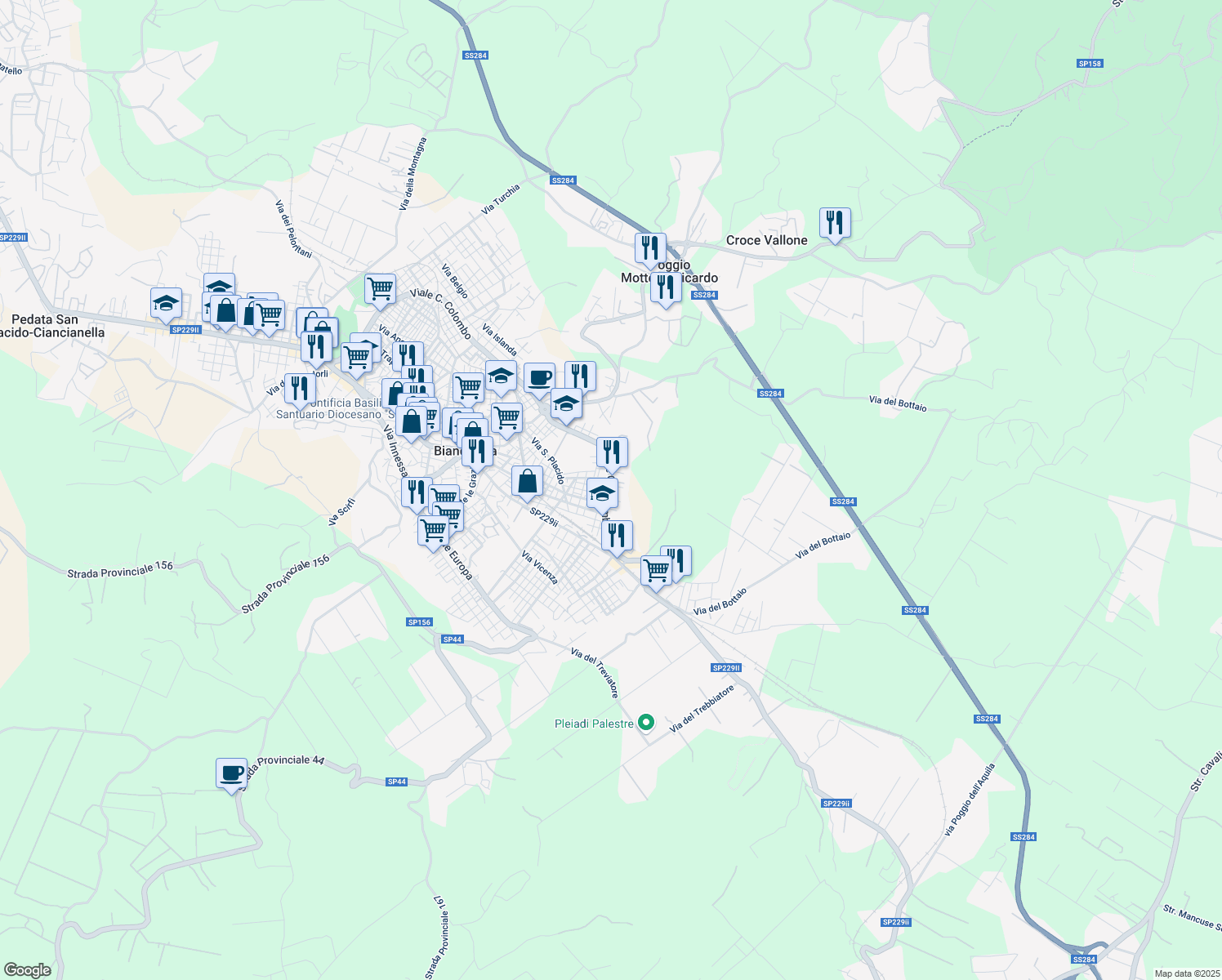 map of restaurants, bars, coffee shops, grocery stores, and more near 50 Viale Cristoforo Colombo in Biancavilla