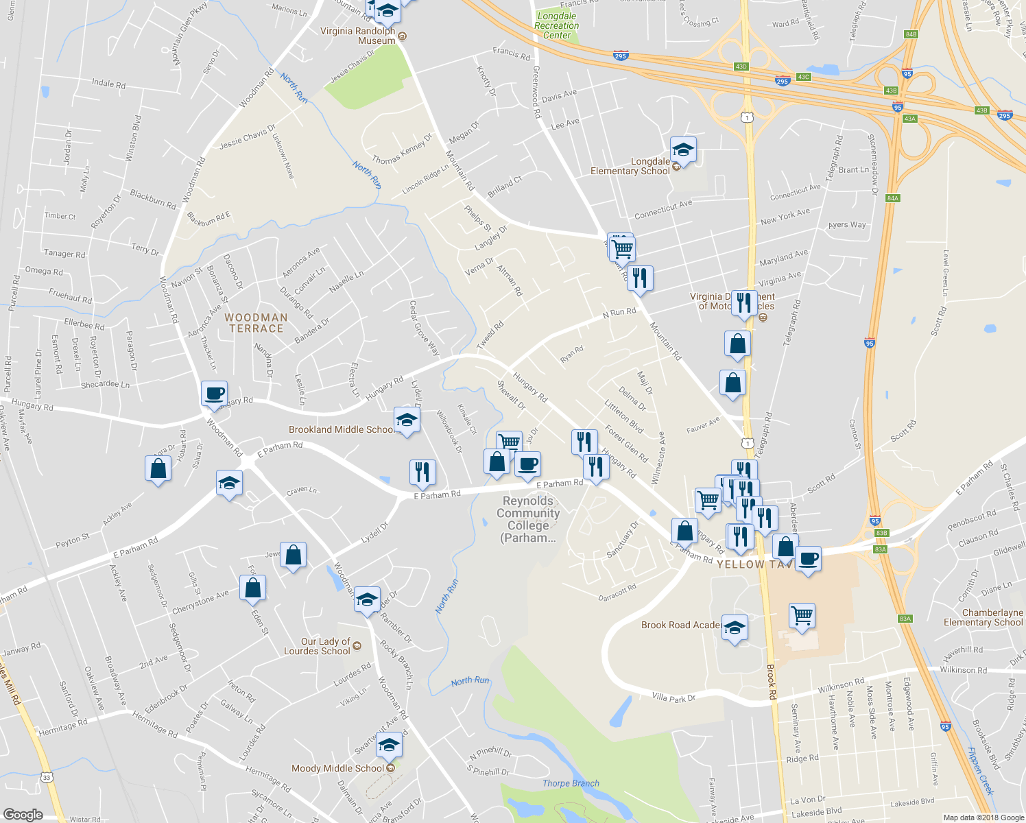 map of restaurants, bars, coffee shops, grocery stores, and more near 1729 Shewalt Circle in Henrico
