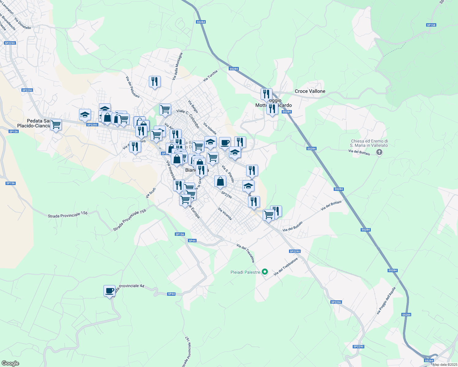 map of restaurants, bars, coffee shops, grocery stores, and more near 130 Via Poggio Rosso in Biancavilla