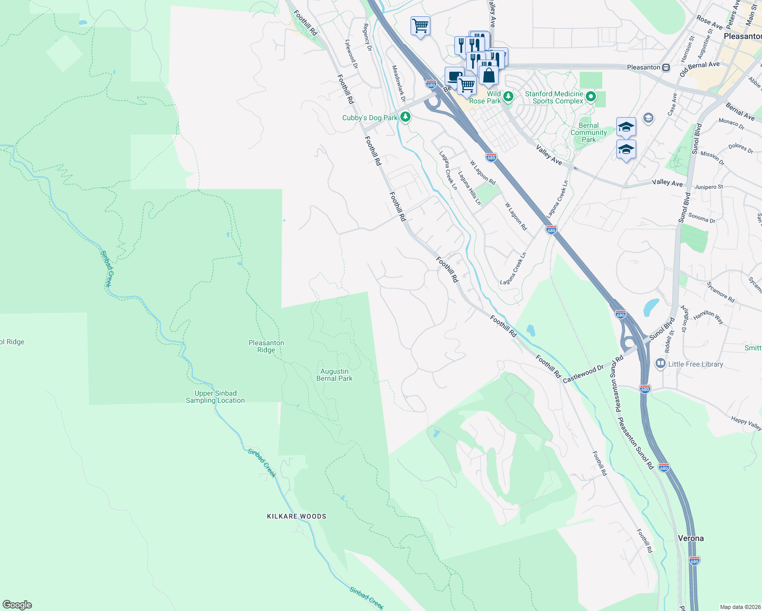 map of restaurants, bars, coffee shops, grocery stores, and more near 1929 Clover Court in Pleasanton