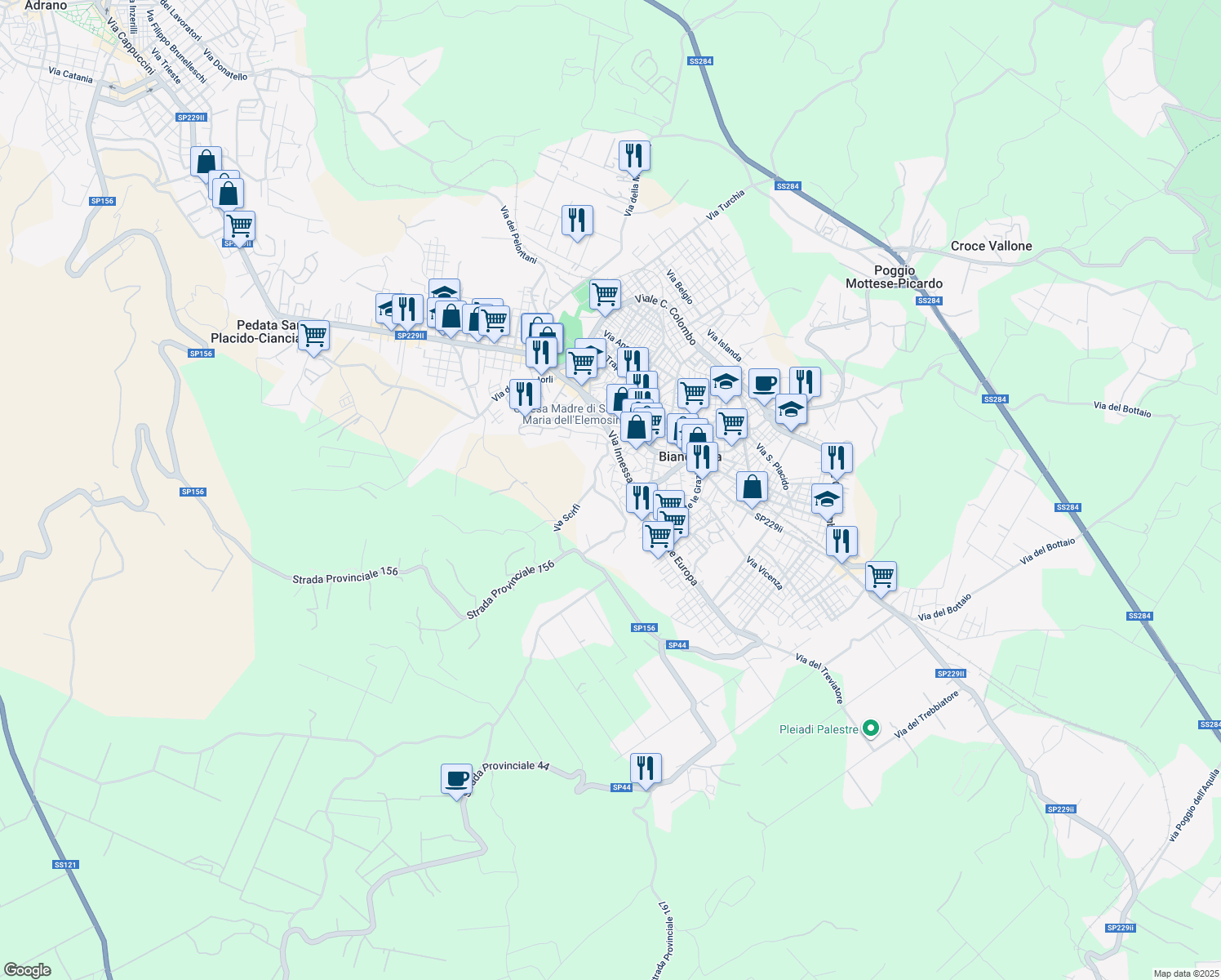 map of restaurants, bars, coffee shops, grocery stores, and more near 85 Via Simeto in Biancavilla