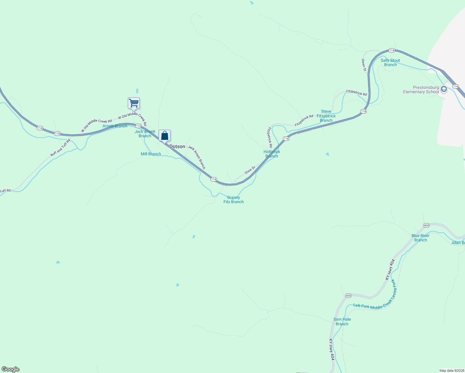 map of restaurants, bars, coffee shops, grocery stores, and more near Grannys Loop Road in Prestonsburg