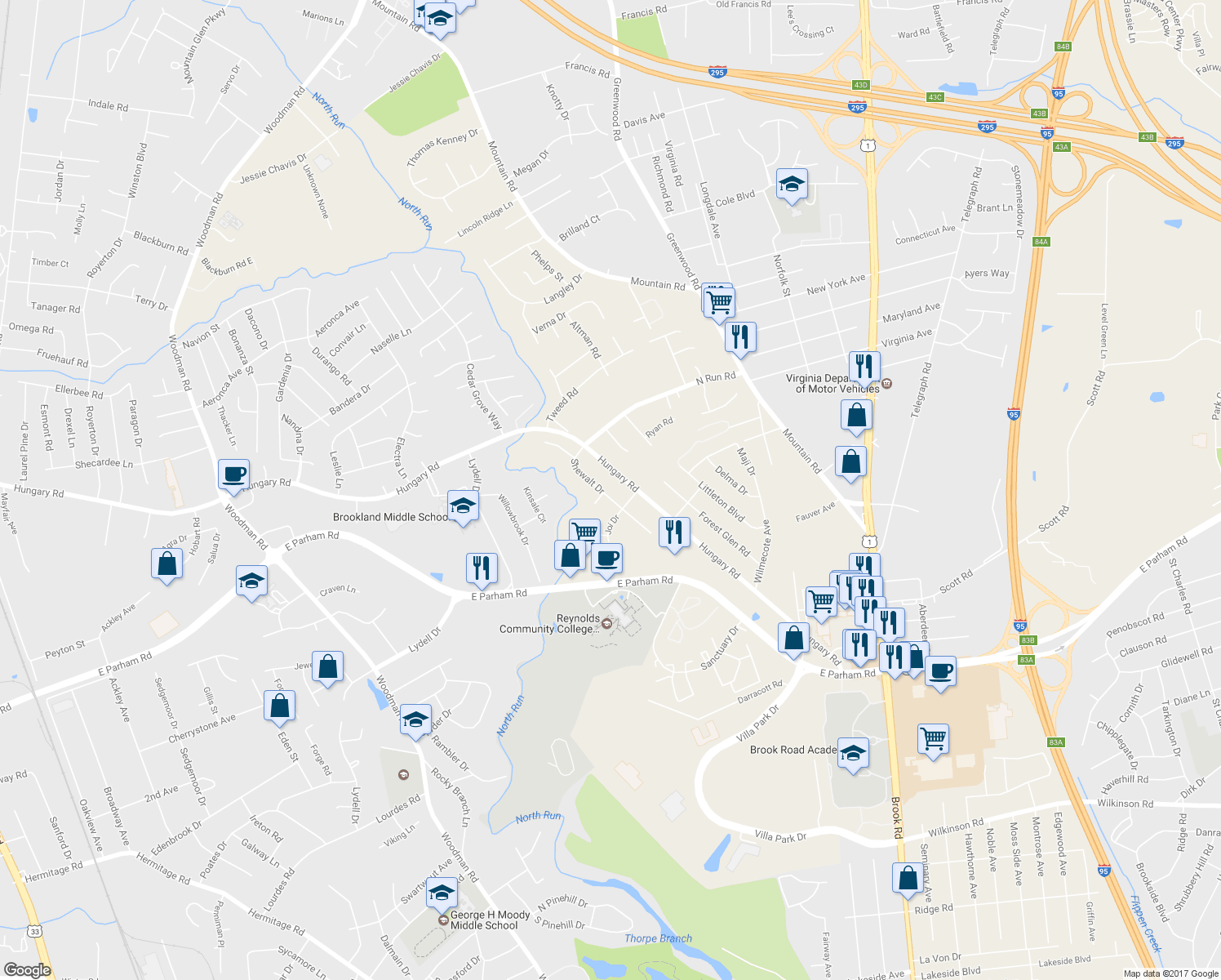 map of restaurants, bars, coffee shops, grocery stores, and more near 1722 Shewalt Drive in Richmond