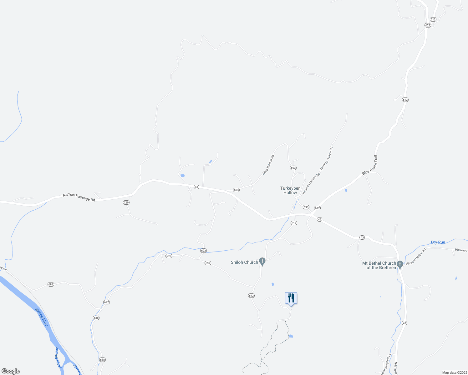 map of restaurants, bars, coffee shops, grocery stores, and more near 67 Allen Branch Road in Eagle Rock