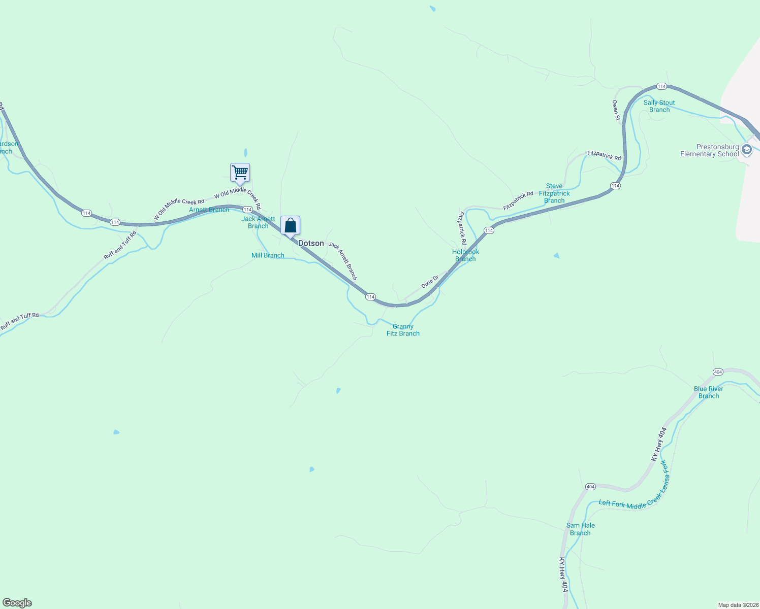 map of restaurants, bars, coffee shops, grocery stores, and more near Grannys Loop Road in Prestonsburg