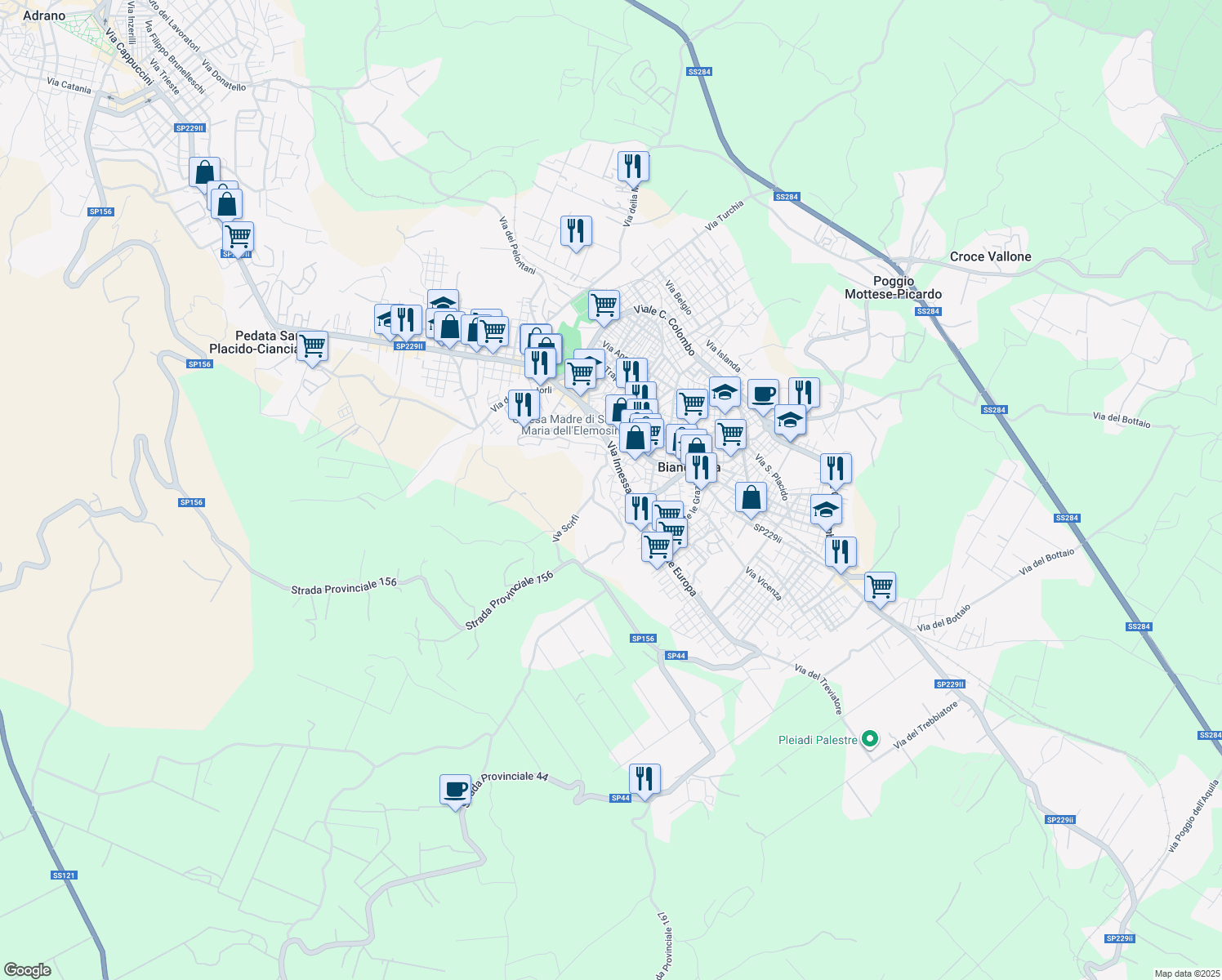 map of restaurants, bars, coffee shops, grocery stores, and more near 85 Via Simeto in Biancavilla