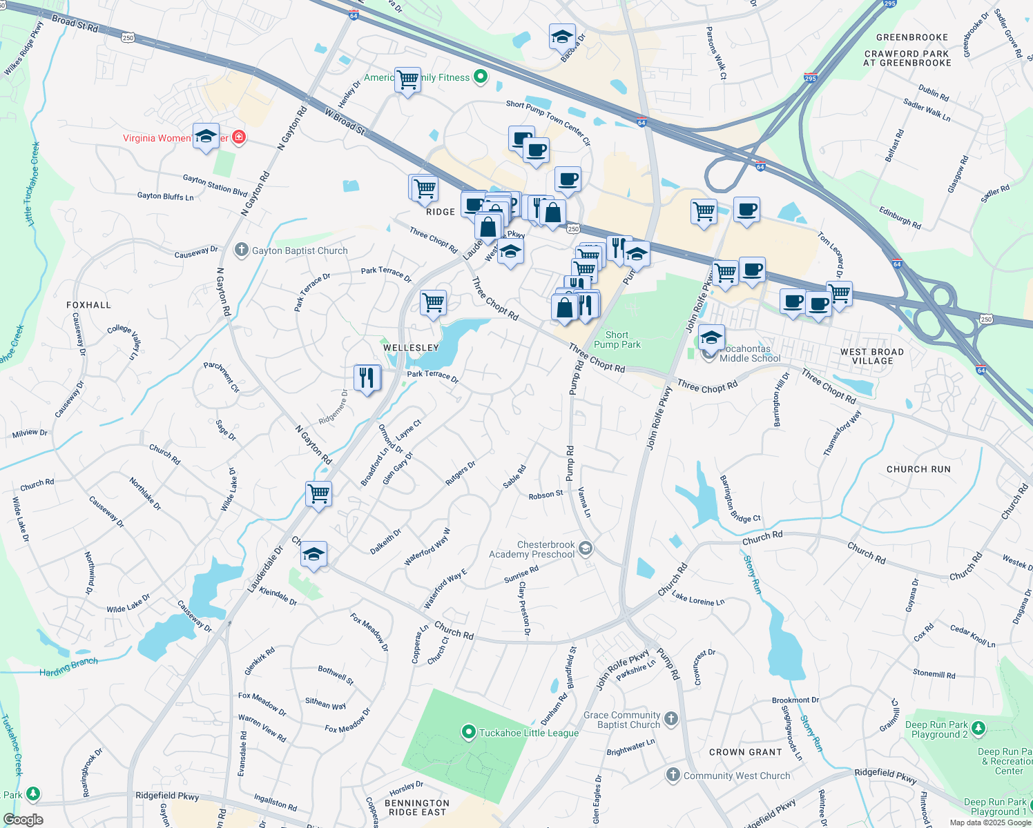 map of restaurants, bars, coffee shops, grocery stores, and more near 2901 Huntwick Court in Henrico