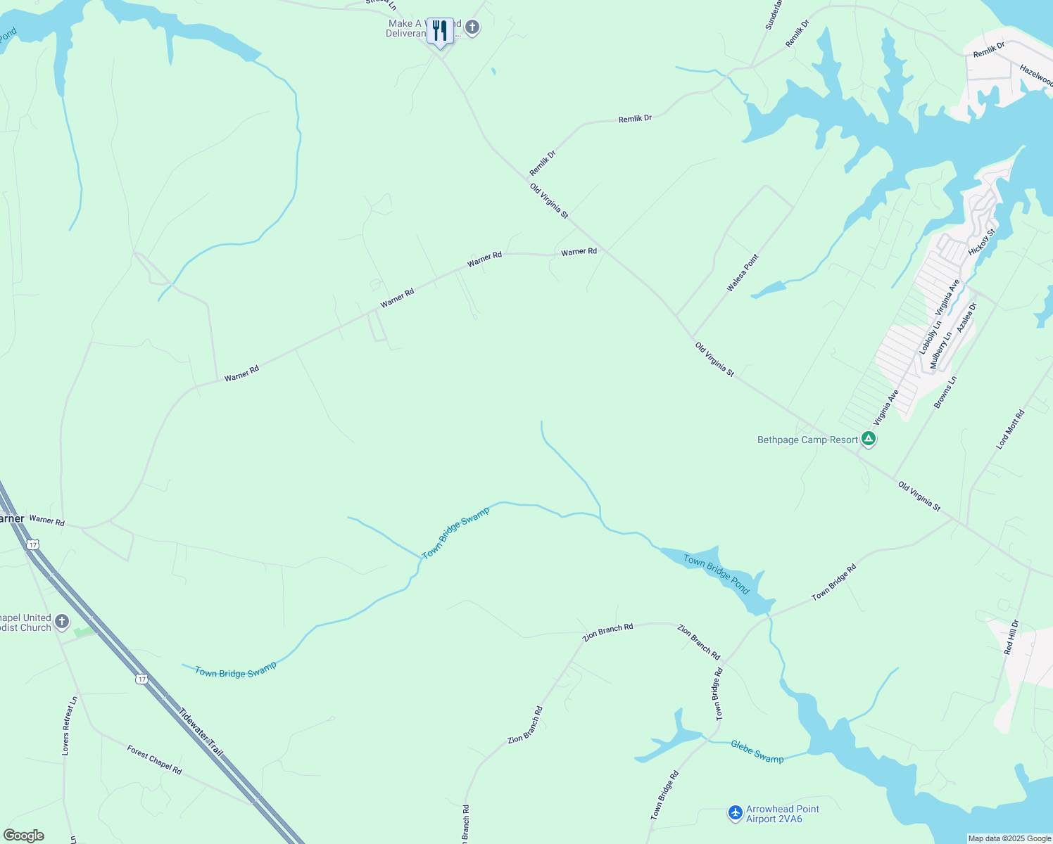 map of restaurants, bars, coffee shops, grocery stores, and more near 23 Family Lane in Urbanna