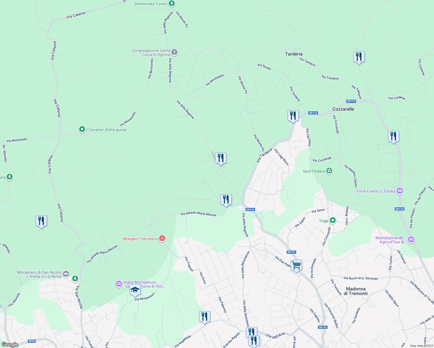 map of restaurants, bars, coffee shops, grocery stores, and more near 27 Via della Regione in Città metropolitana di Catania