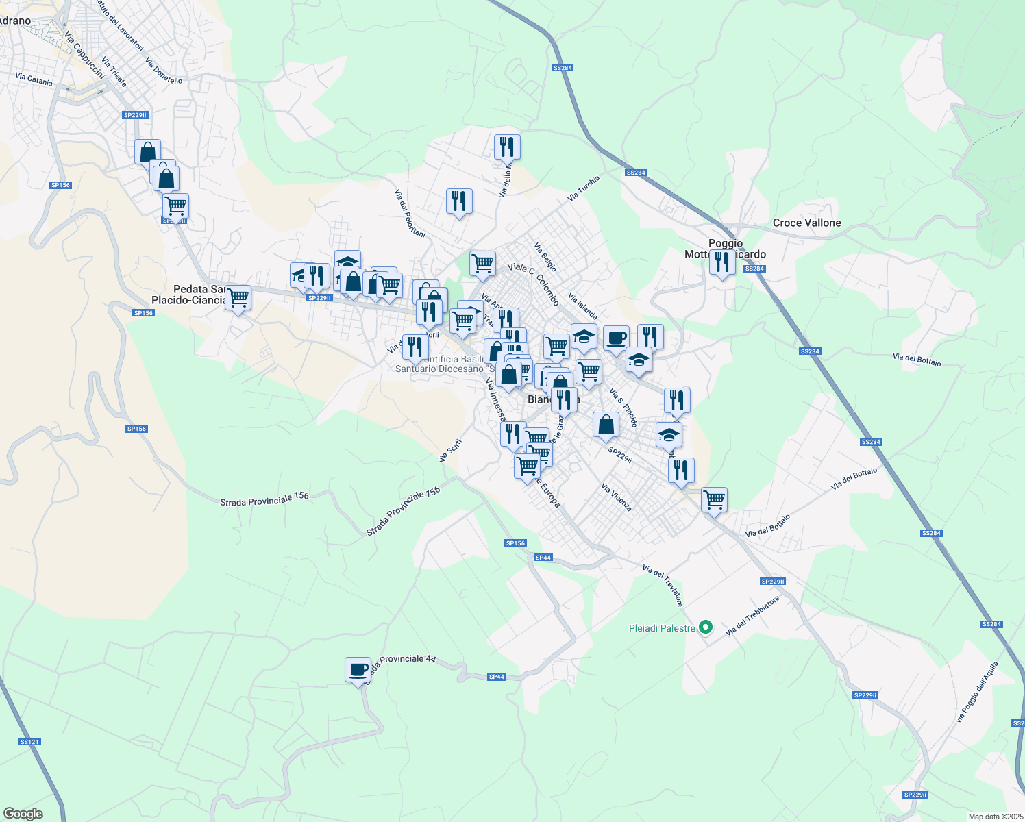 map of restaurants, bars, coffee shops, grocery stores, and more near 18 Via Piccione in Biancavilla