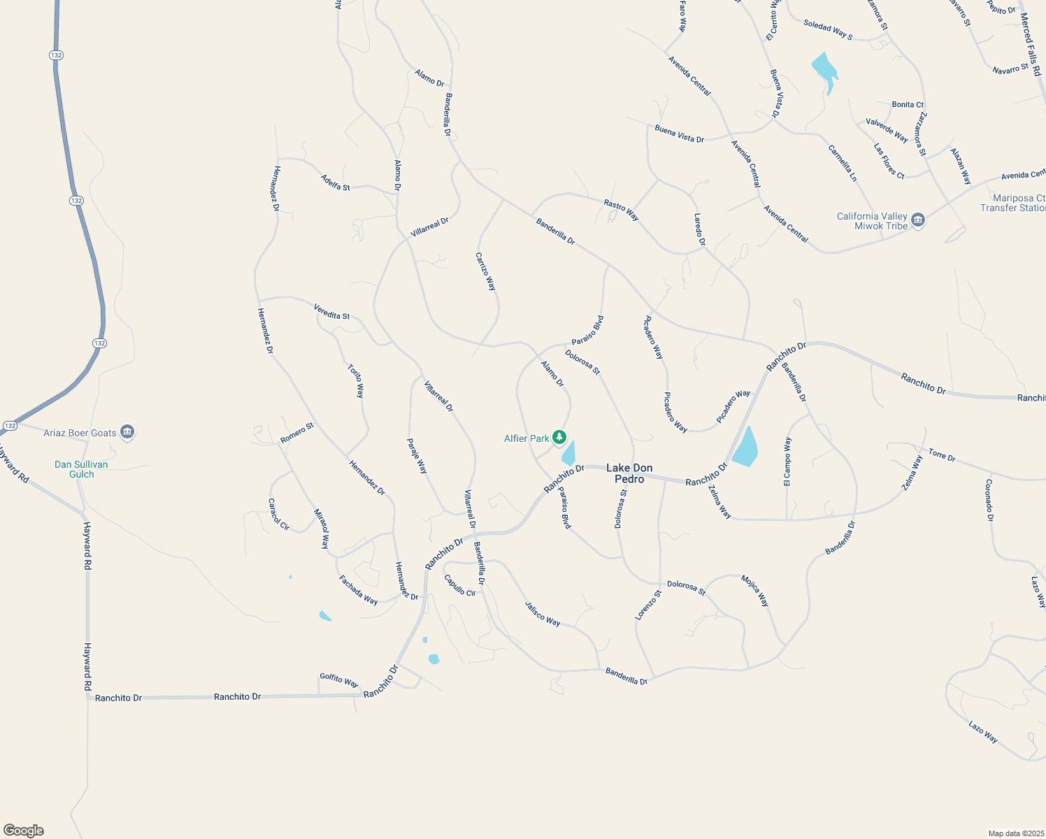map of restaurants, bars, coffee shops, grocery stores, and more near Paraiso Boulevard in Lake Don Pedro