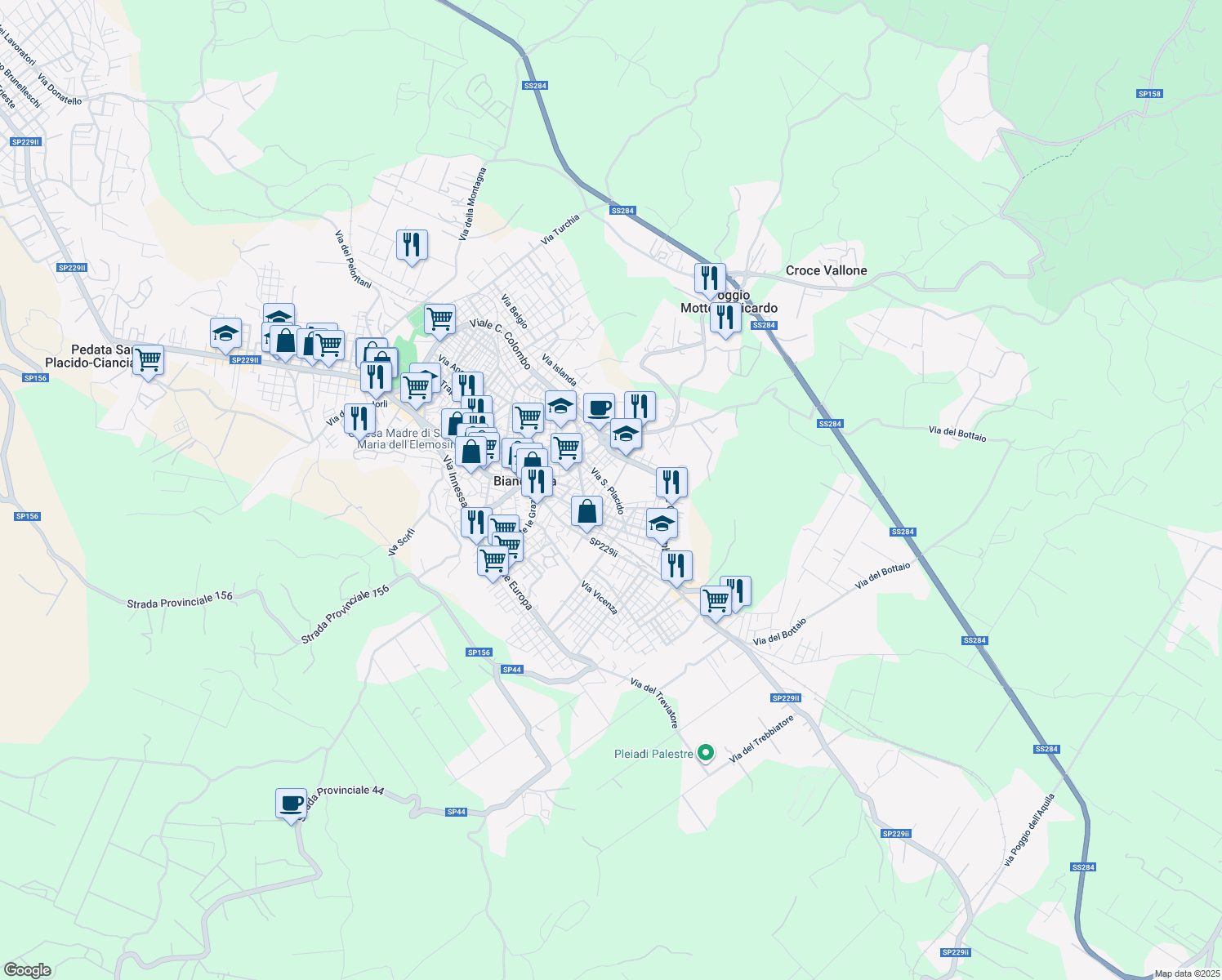 map of restaurants, bars, coffee shops, grocery stores, and more near 53 Via San Placido in Biancavilla