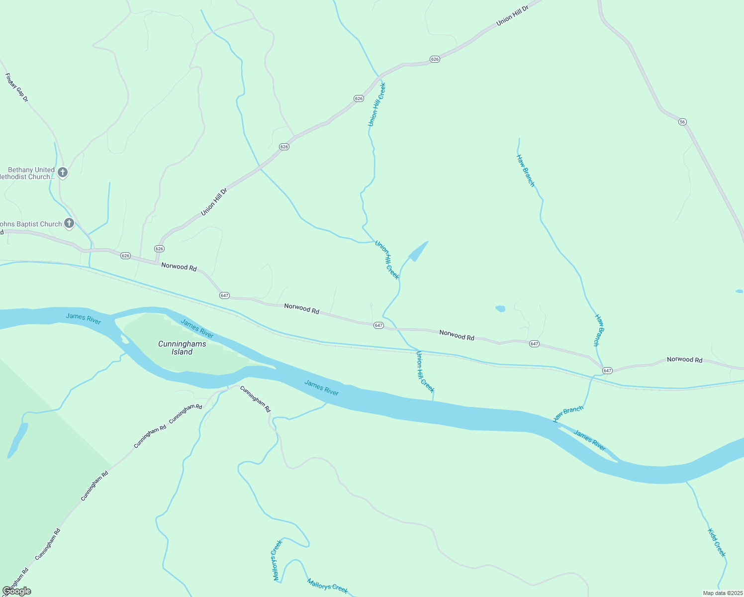 map of restaurants, bars, coffee shops, grocery stores, and more near 100 Round Top Lane in Wingina