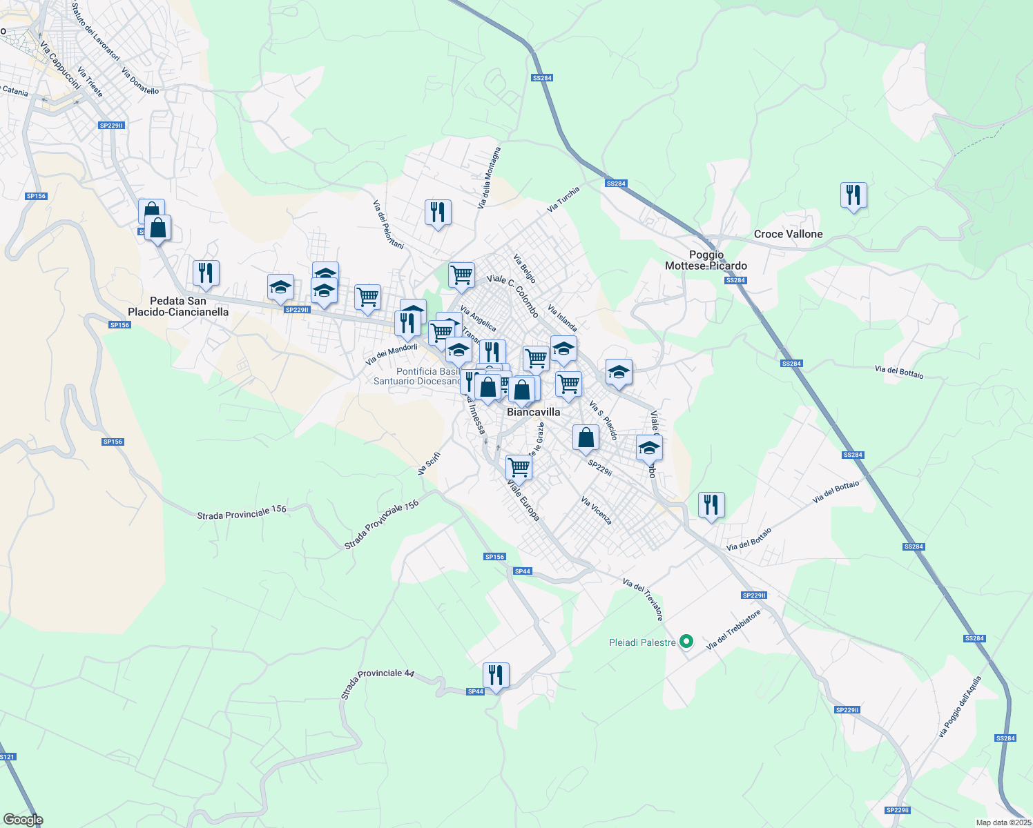 map of restaurants, bars, coffee shops, grocery stores, and more near 388 Via Vittorio Emanuele in Biancavilla