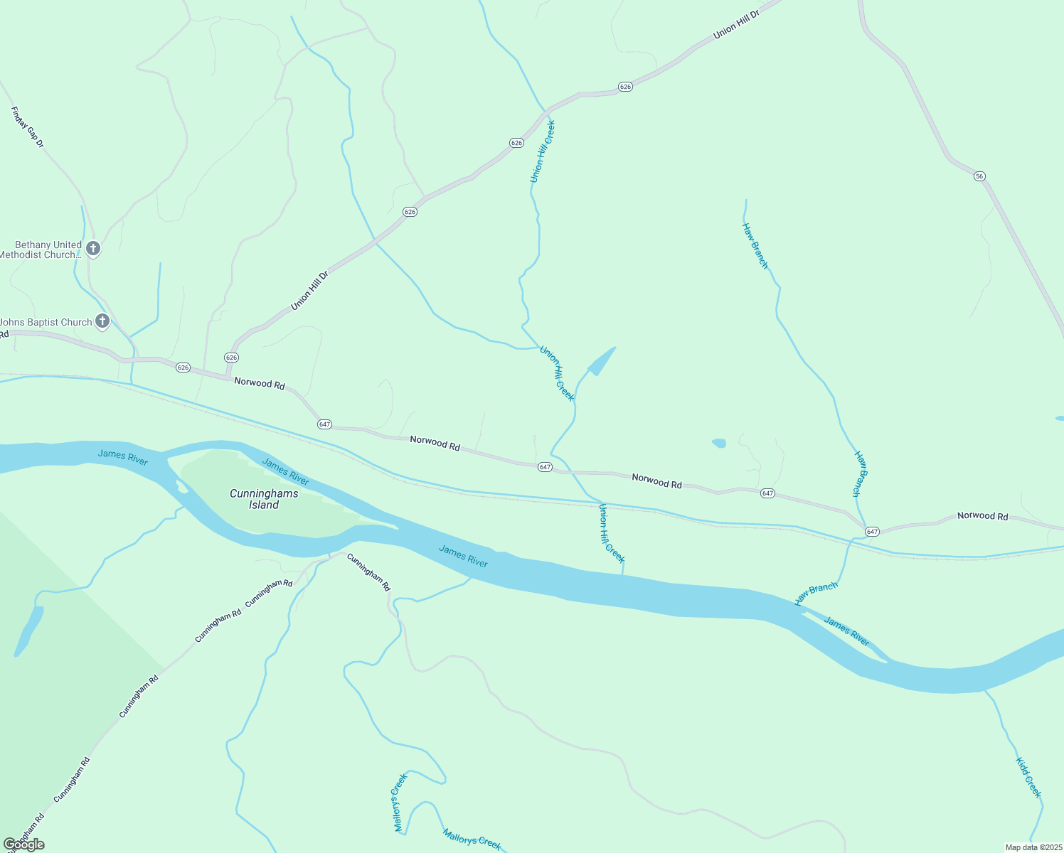 map of restaurants, bars, coffee shops, grocery stores, and more near 100 Round Top Lane in Wingina