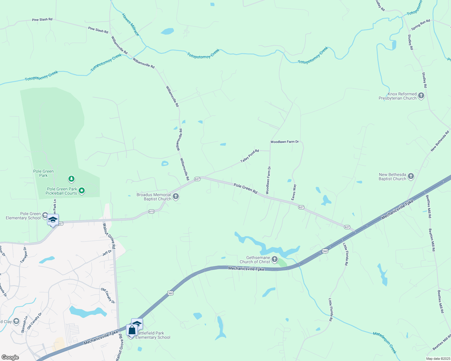 map of restaurants, bars, coffee shops, grocery stores, and more near 5252 Pole Green Road in Mechanicsville
