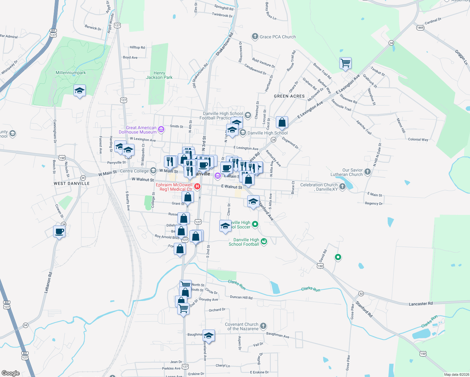 map of restaurants, bars, coffee shops, grocery stores, and more near 210 East Walnut Street in Danville