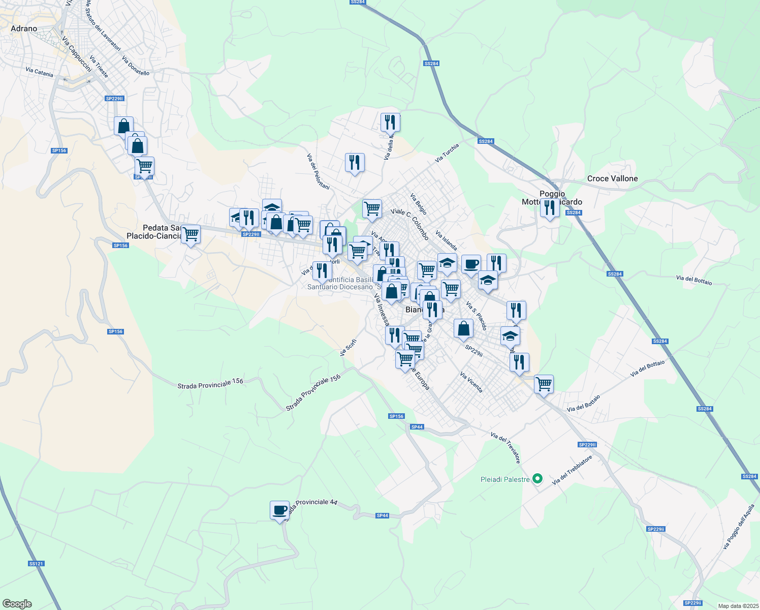 map of restaurants, bars, coffee shops, grocery stores, and more near 18 Via Scirfi in Biancavilla
