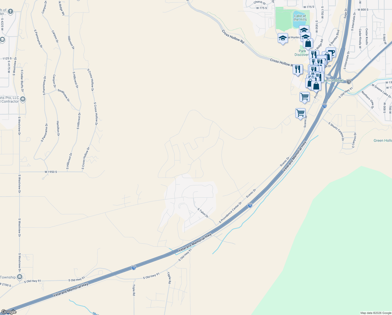 map of restaurants, bars, coffee shops, grocery stores, and more near 2842 West Rock Ridge Road in Cedar City