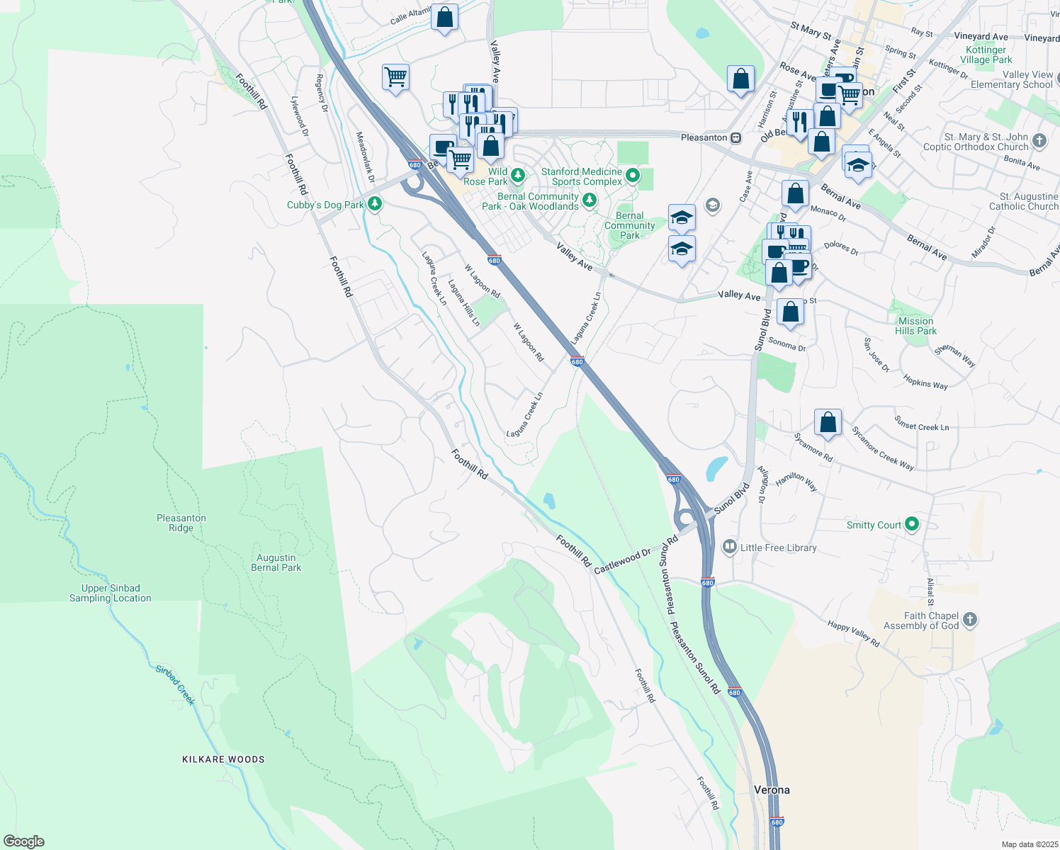 map of restaurants, bars, coffee shops, grocery stores, and more near 1062 Laguna Creek Lane in Pleasanton