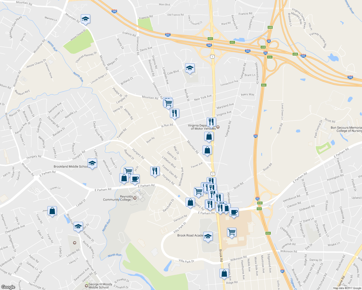 map of restaurants, bars, coffee shops, grocery stores, and more near 8817 Trolley Lane in Glen Allen