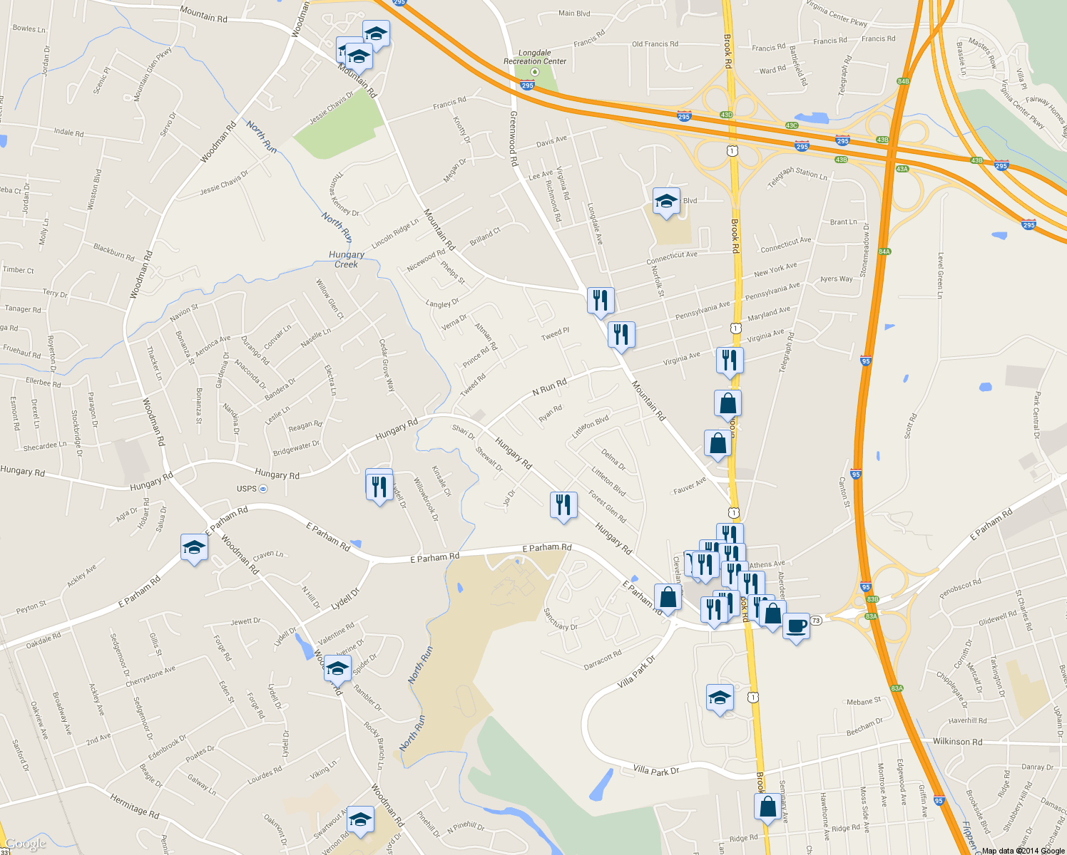 map of restaurants, bars, coffee shops, grocery stores, and more near 1725 Forest Glen Road in Henrico
