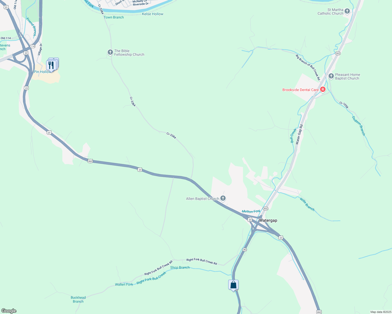 map of restaurants, bars, coffee shops, grocery stores, and more near 250 Cr-3384 in Prestonsburg