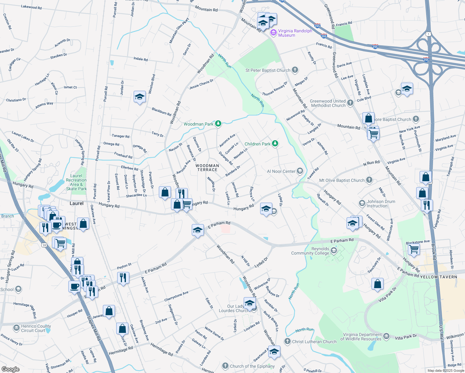 map of restaurants, bars, coffee shops, grocery stores, and more near 9410 Jerome Road in Richmond