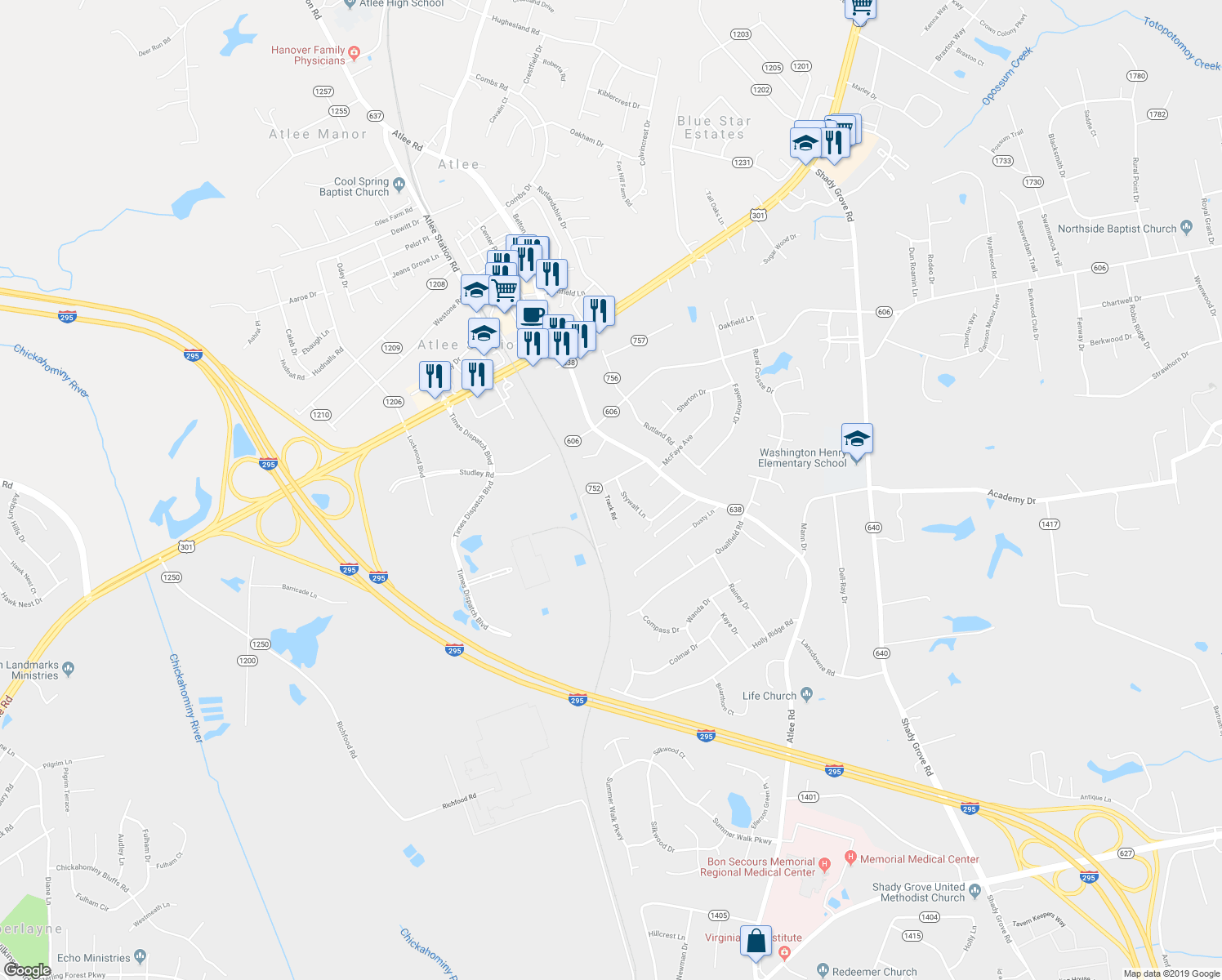 map of restaurants, bars, coffee shops, grocery stores, and more near 9028 Russet Lane in Mechanicsville